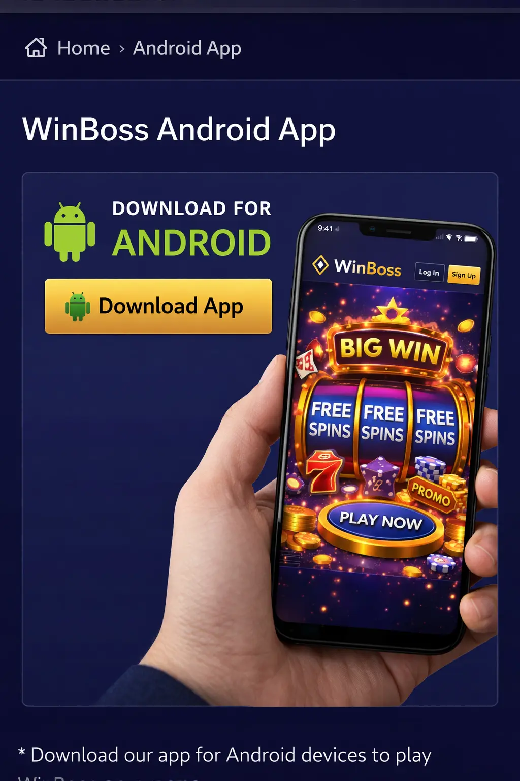 Приложение WinBoss казино для Android со страницей загрузки и мобильной установкой