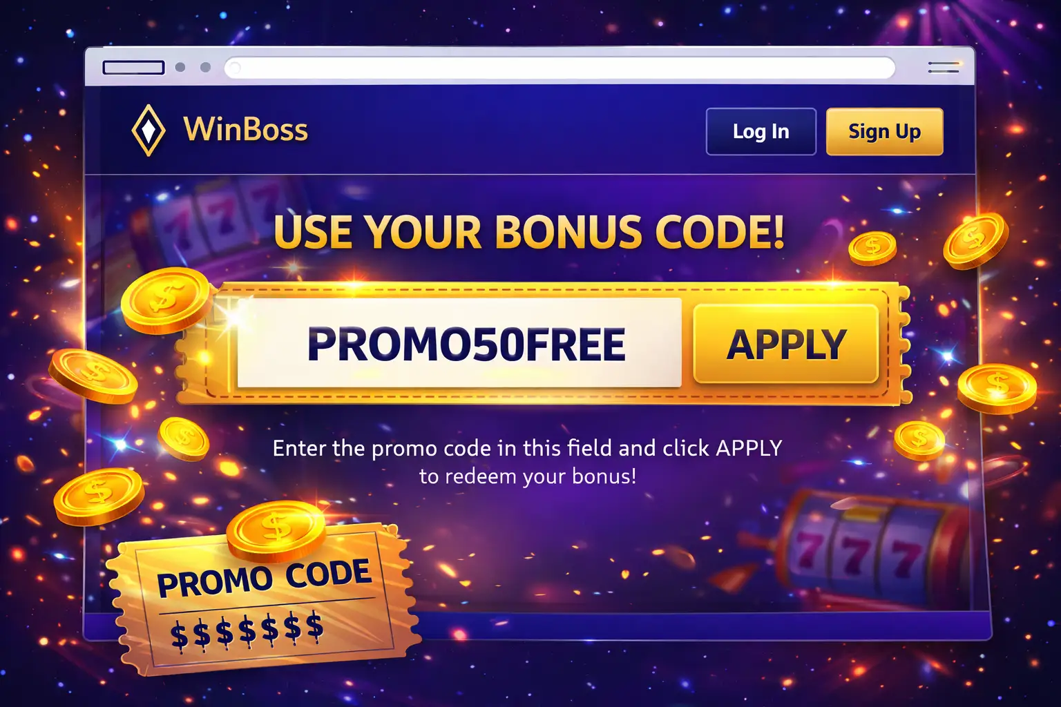 Как выглядит промокод на сайте WinBoss с полем ввода и примером бонусного кода