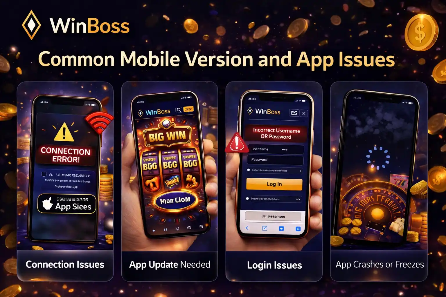 Распространенные проблемы мобильной версии и приложения на Вин Босс казино при входе, запуске и работе