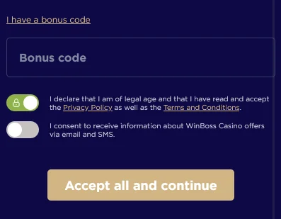 Промокод во время регистрации на платформе Винбосс для активации бонуса при создании аккаунта