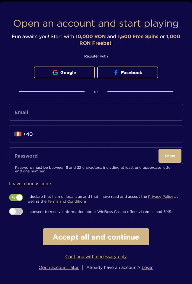 Форма регистрации на сайте WinBoss для создания нового аккаунта
